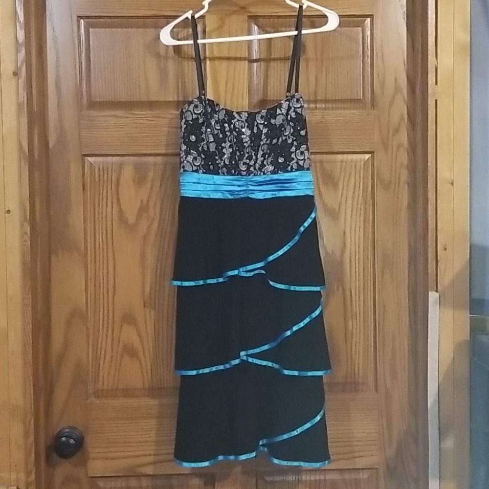 Black and Sky Blue Formal Dress with Lace Bodice